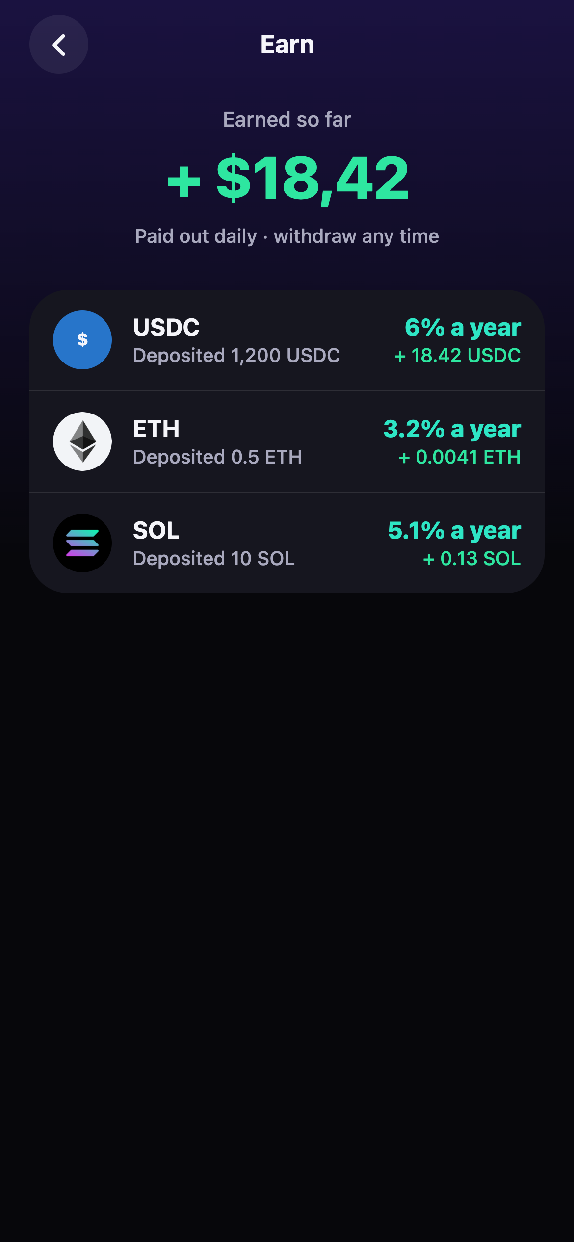 Earn screen showing interest earned
