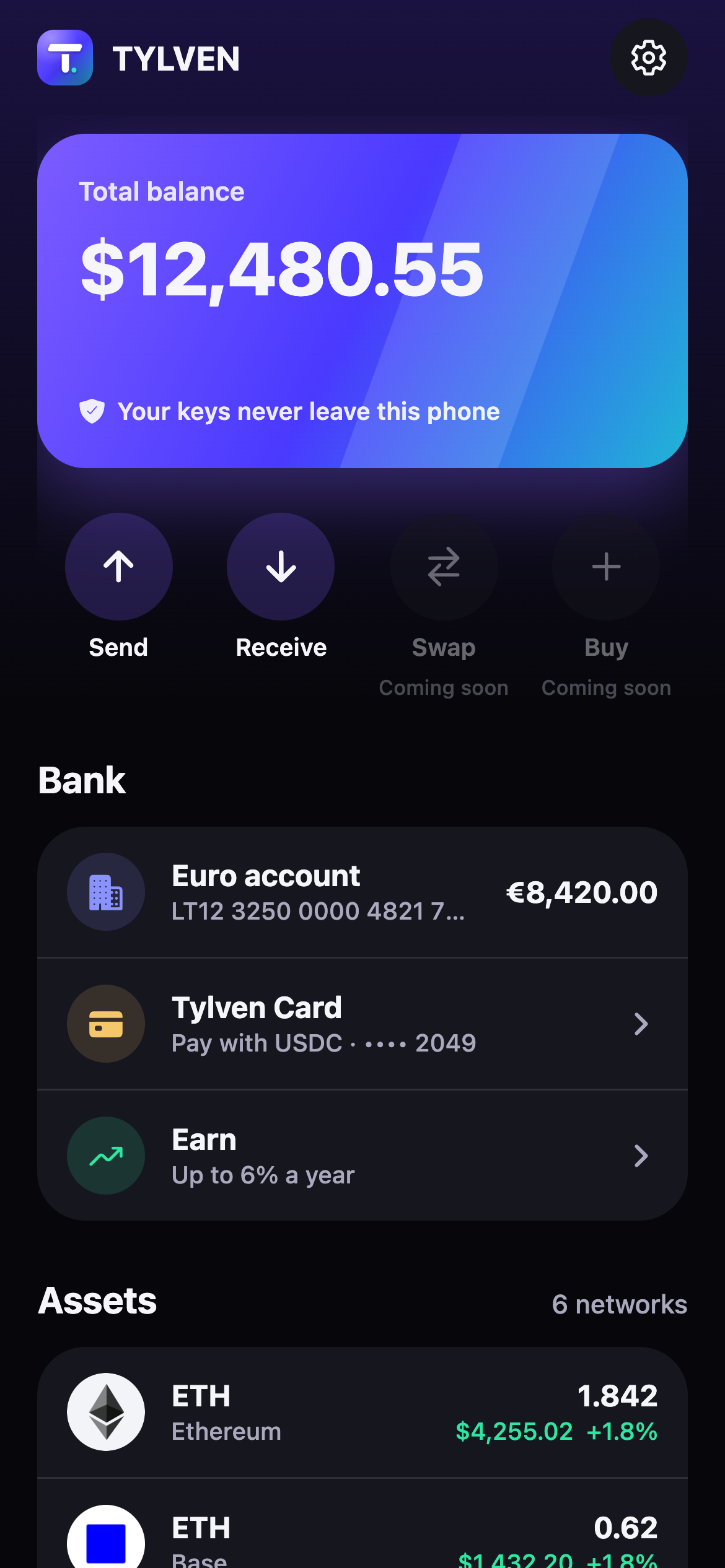 Tylven app home: total balance, send and receive, euro account €8,420.00, Tylven Card paying with USDC, Earn up to 6% a year